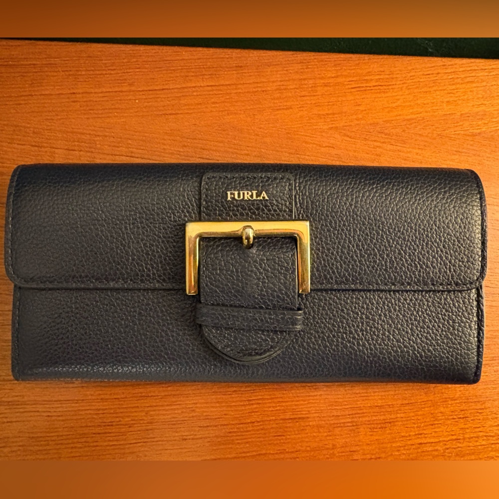 Furla Navy Leather Long Wallet with Gold Buckle
